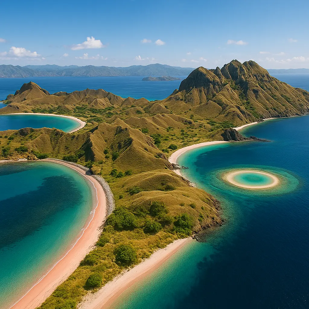 A panoramic view of Padar Island, Komodo National Park, with turquoise bays and rugged hills during sunrise