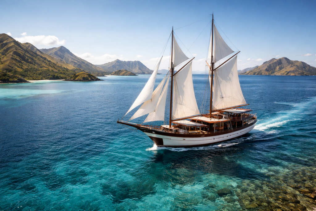 Luxury Phinisi boat sailing in Labuan Bajo waters near Komodo National Park
