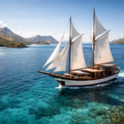 Luxury Phinisi boat sailing in Labuan Bajo waters near Komodo National Park