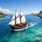 Phinisi boat sailing from Lombok to Komodo Island with tropical islands and clear blue sea