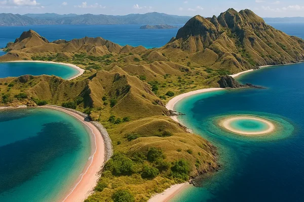 A panoramic view of Padar Island, Komodo National Park, with turquoise bays and rugged hills during sunrise