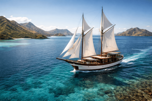 Luxury Phinisi boat sailing in Labuan Bajo waters near Komodo National Park