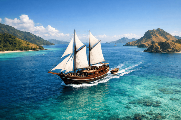 Phinisi boat sailing from Lombok to Komodo Island with tropical islands and clear blue sea